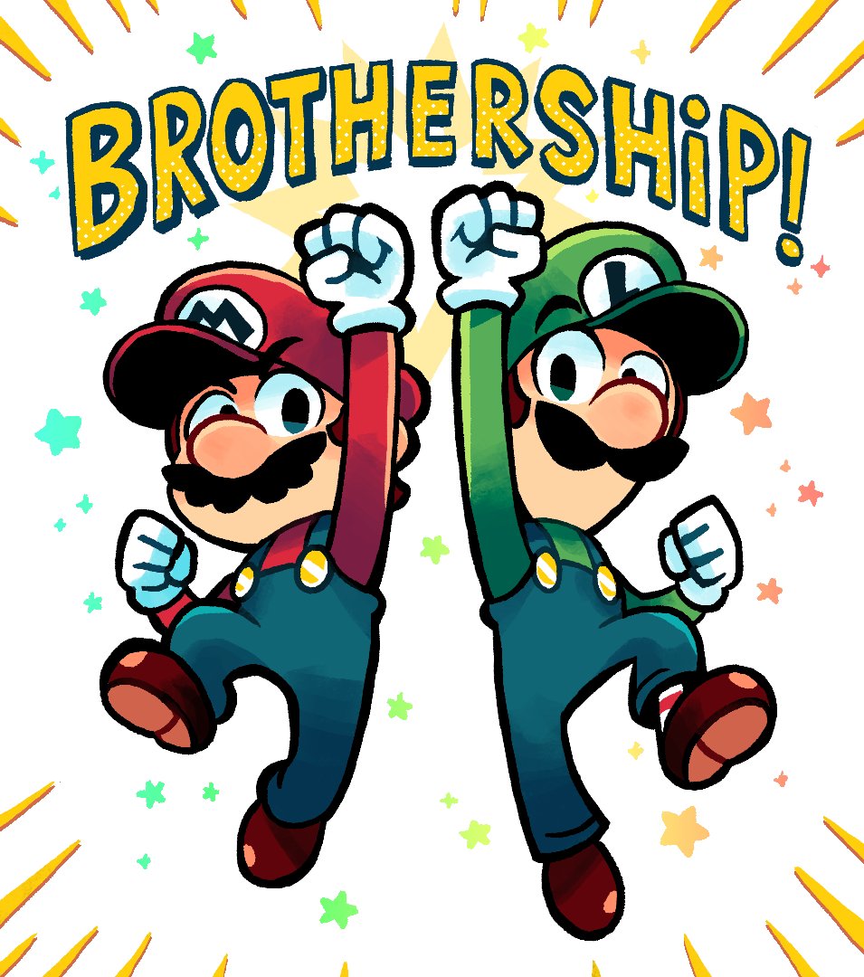 2boys, arm_up, blue_overalls, brothers, english_text, facial_hair, gloves, green_hat, green_shirt, hat, long_sleeves, looking_at_viewer, luigi, mario, mario_&amp;_luigi:_brothership, mario_&amp;_luigi_rpg, multiple_boys, mustache, nintendo, oniri_boy, overalls, red_hat, red_shirt, shirt, shoes, siblings, socks, star_(symbol), super_mario_bros., white_gloves