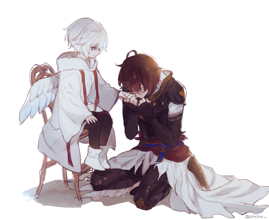2boys, aged_down, ahoge, armor, blue_eyes, brown_hair, cape, chair, closed_eyes, closed_mouth, commentary_request, crying, fingerless_gloves, gloves, granblue_fantasy, hair_between_eyes, hood, lucifer_(shingeki_no_bahamut), male_focus, messy_hair, multiple_boys, on_chair, preline, red_eyes, robe, sandalphon_(granblue_fantasy), short_hair, shoulder_armor, sitting, smile, wariza, white_background, white_cape, white_footwear, white_hair, white_robe