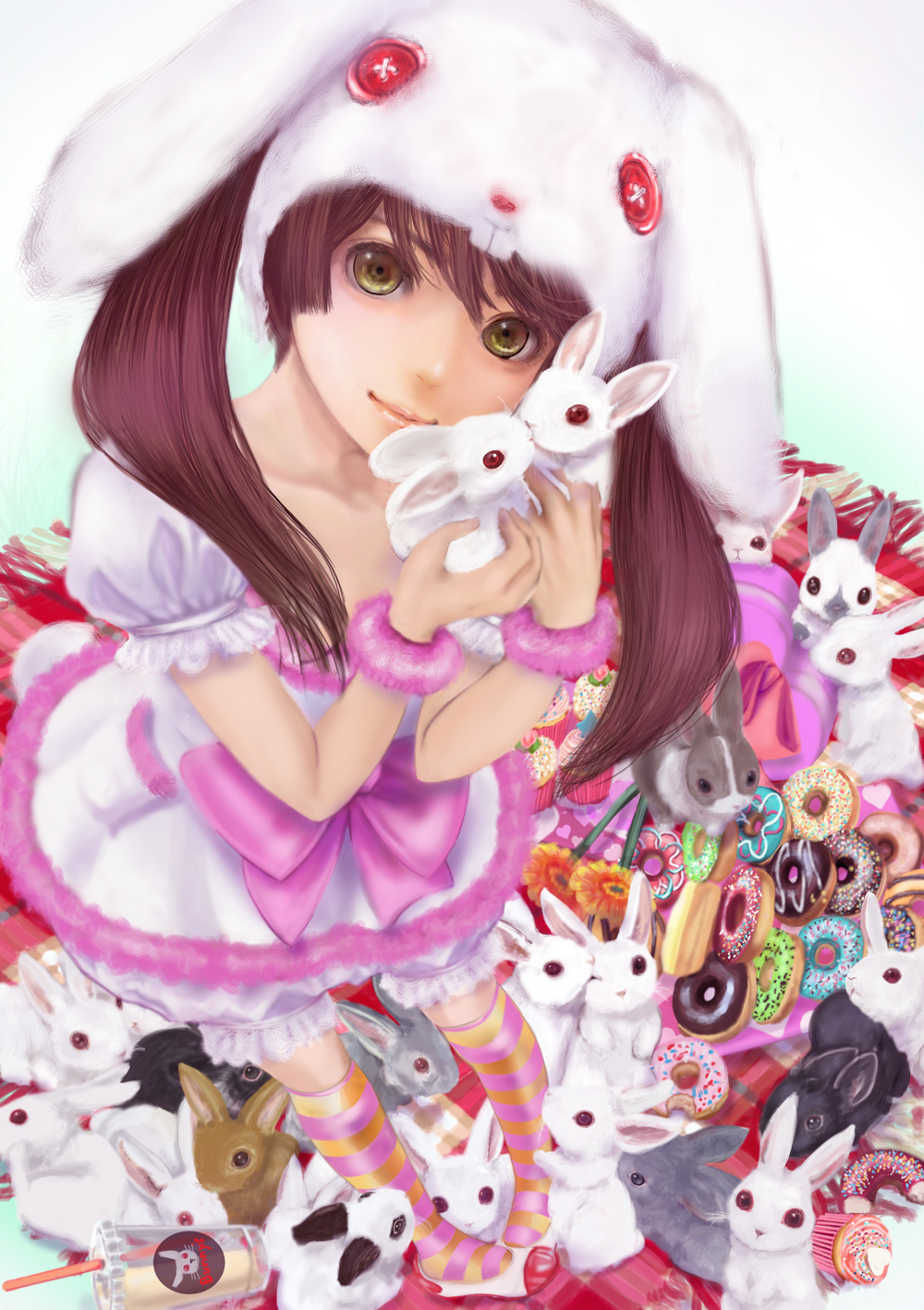 1girl, dress, highres, mamoru, original, rabbit, solo, too_many_bunnies