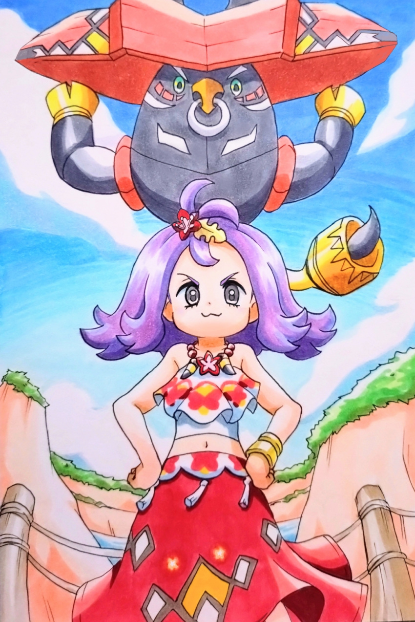 1girl, :3, acerola_(pokemon), acerola_(sygna_suit)_(pokemon), arms_up, bead_necklace, beads, blue_sky
