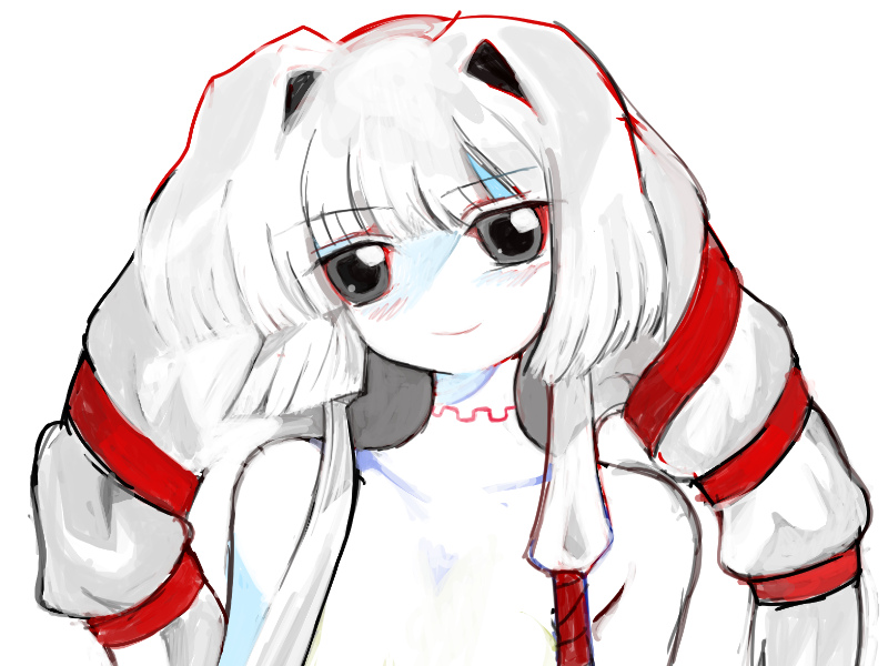 1girl, blunt_bangs, blush, colored_sclera, colored_skin, grey_eyes, grey_hair, hair_intakes