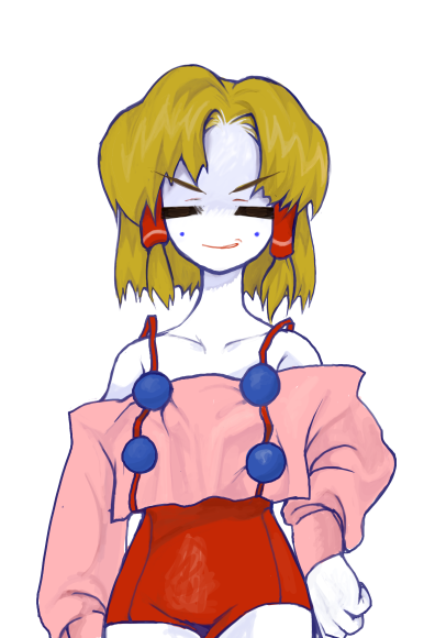 1girl, blonde_hair, closed_eyes, colored_sclera, colored_skin, heartlovepowertemple, non-web_source, off-shoulder_shirt, off_shoulder, poja, rabbitmaidensoftworks, red_sclera, shirt, shorts, smile, sprite, transparent_background, white_skin, yogurt200