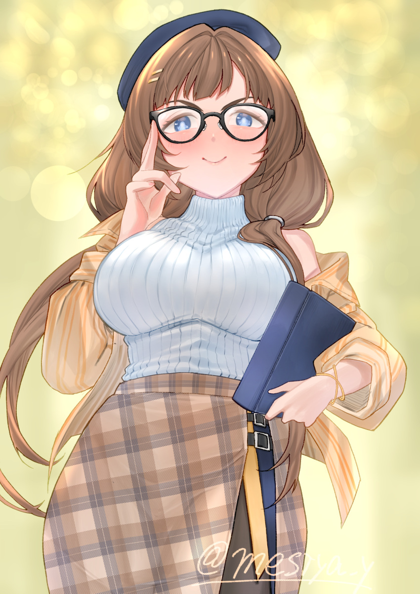 1girl, :>, alternate_costume, beret, blush, breasts, brown_hair, commentary_request