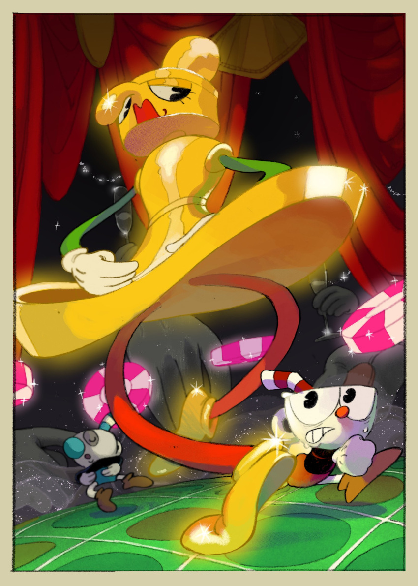 1girl, 2boys, absurdres, ballerina, ballet, cup, cuphead, cuphead_(game)