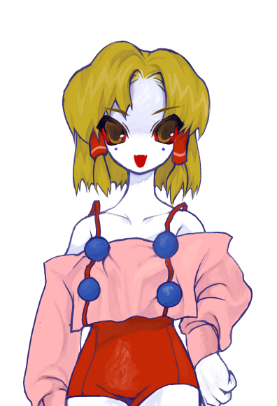 1girl, blonde_hair, brown_eyes, collarbone, colored_sclera, colored_skin, fangs, heartlovepowertemple