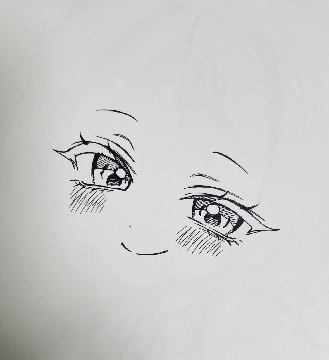 1girl, akiyama_enma, blush, closed_mouth, face_only, highres, looking_at_viewer, nib_pen_(medium), noa-senpai_wa_tomodachi., pen_(medium), photo_(medium), saotome_noa, simple_background, smile, solo, split_mouth, traditional_media, white_background