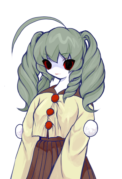 1girl, ahoge, black_eyes, breasts, colored_sclera, colored_skin, conja, drill_hair