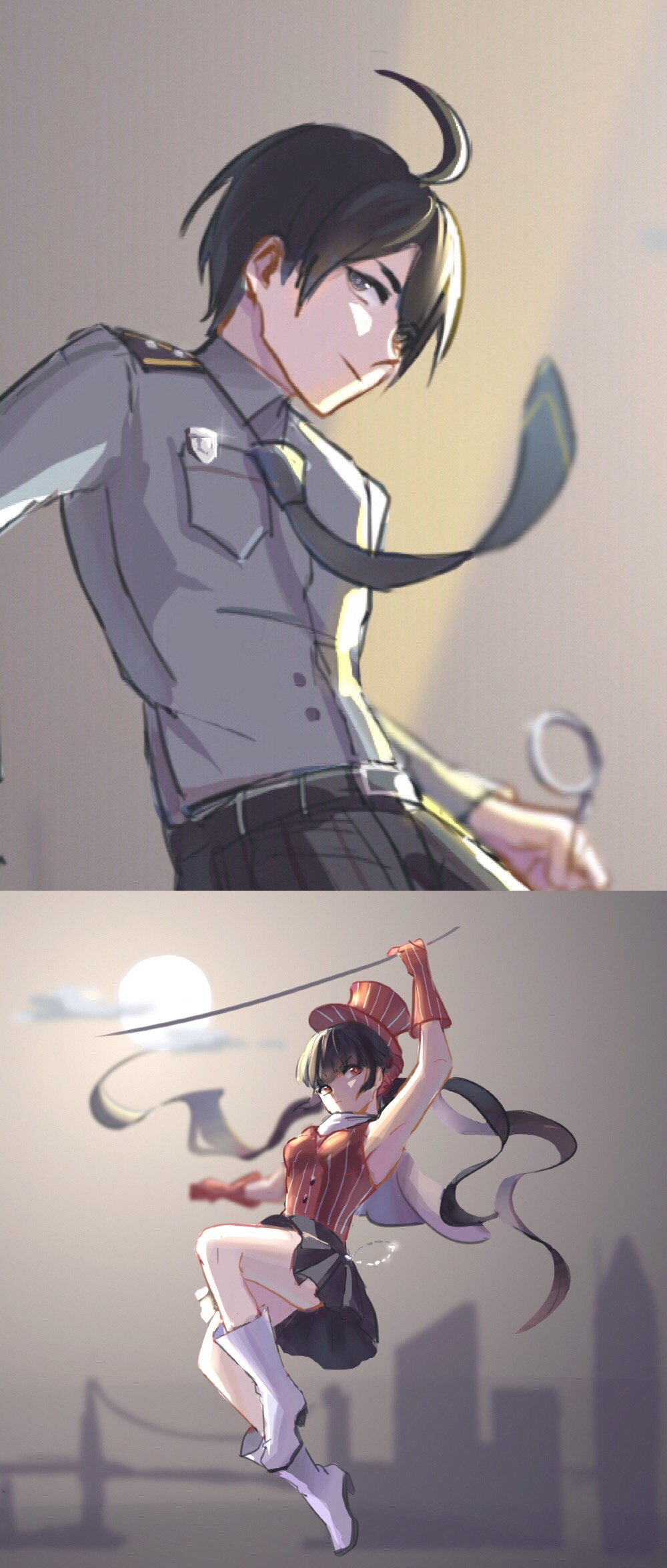 1boy, 1girl, ahoge, alternate_costume, armpits, badge, bare_shoulders, belt