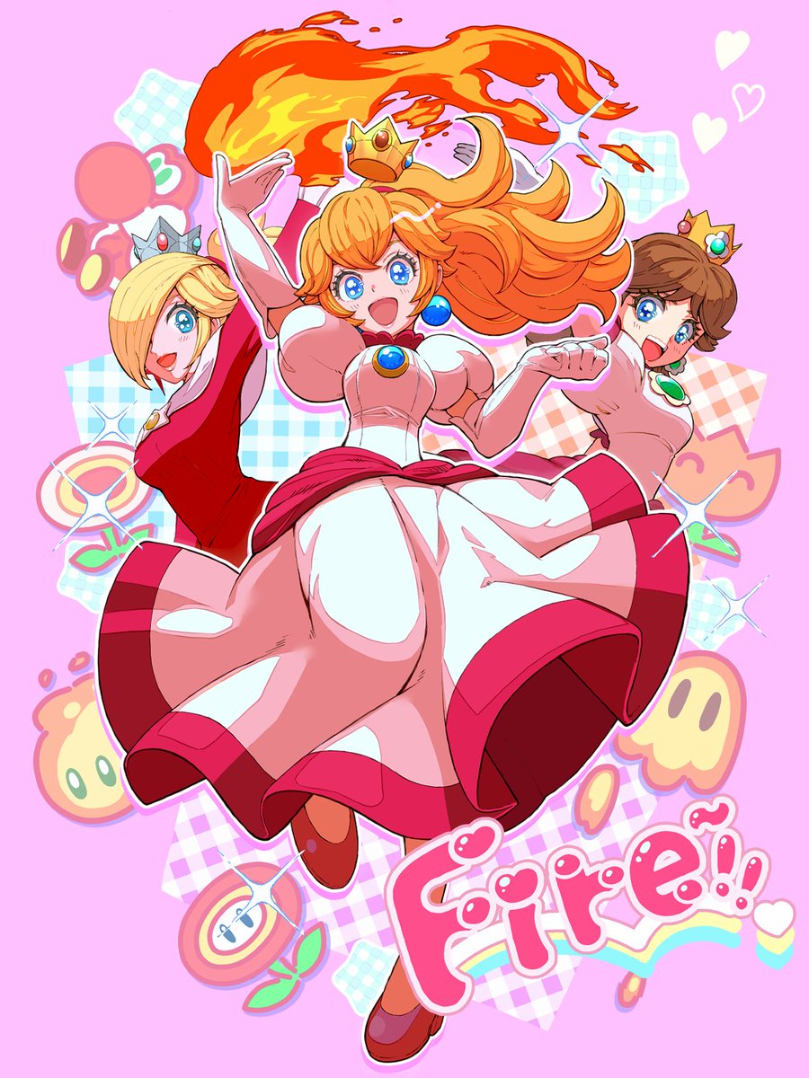 3girls, blonde_hair, blue_eyes, brooch, brown_hair, co_co_mg, crown, dress
