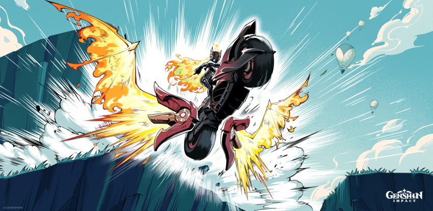 1girl, absurdres, ahoge, biker_clothes, black_bikesuit, bodysuit, breasts, fiery_hair, fire, flamestrider_(genshin_impact), genshin_impact, helmet, highres, long_hair, long_sleeves, mavuika_(genshin_impact), motor_vehicle, motorcycle, motorcycle_helmet, multicolored_hair, official_art, on_motorcycle, third-party_source
