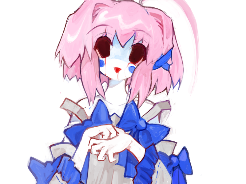 1girl, ahoge, blood, blood_from_eyes, blood_from_mouth, blood_on_face, bob_cut, bow, colored_sclera, colored_skin, detached_sleeves, dress, heartlovepowertemple, non-web_source, open_mouth, pink_hair, pink_sclera, rabbitmaidensoftworks, teja, white_background, white_skin, yogurt200