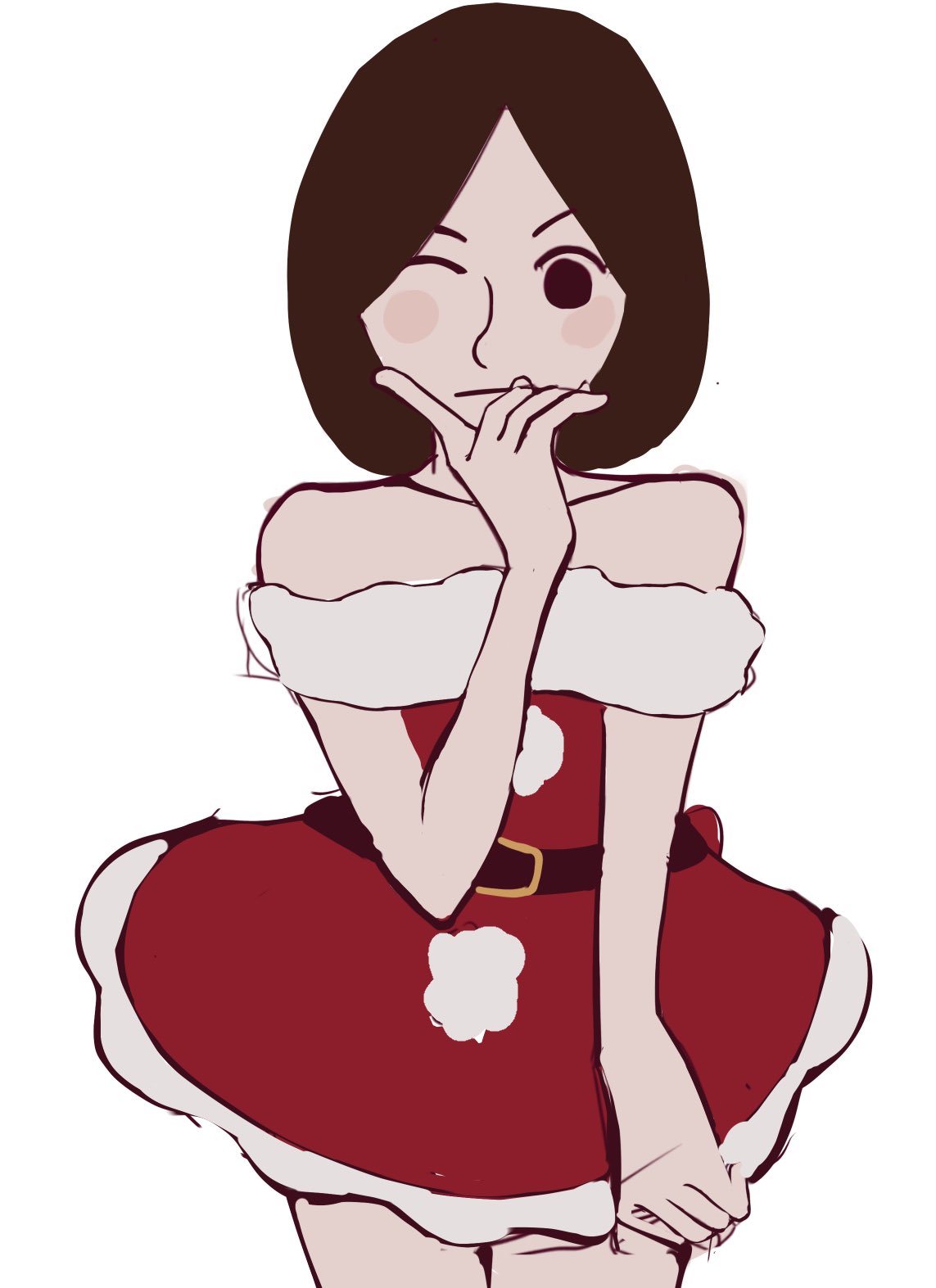 1girl, bare_shoulders, belt, black_belt, black_eyes, black_hair, breasts, christmas, dress, fur-trimmed_dress, fur_trim, guest_mii, hand_up, highres, looking_at_viewer, mii_(nintendo), mii_bri, nintendo, off-shoulder_dress, off_shoulder, one_eye_closed, parted_bangs, red_dress, santa_costume, santa_dress, short_hair, smile, solo, standing