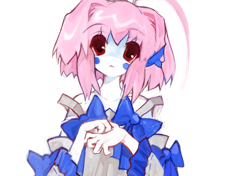 1girl, ahoge, bob_cut, bow, colored_sclera, colored_skin, detached_sleeves, dress