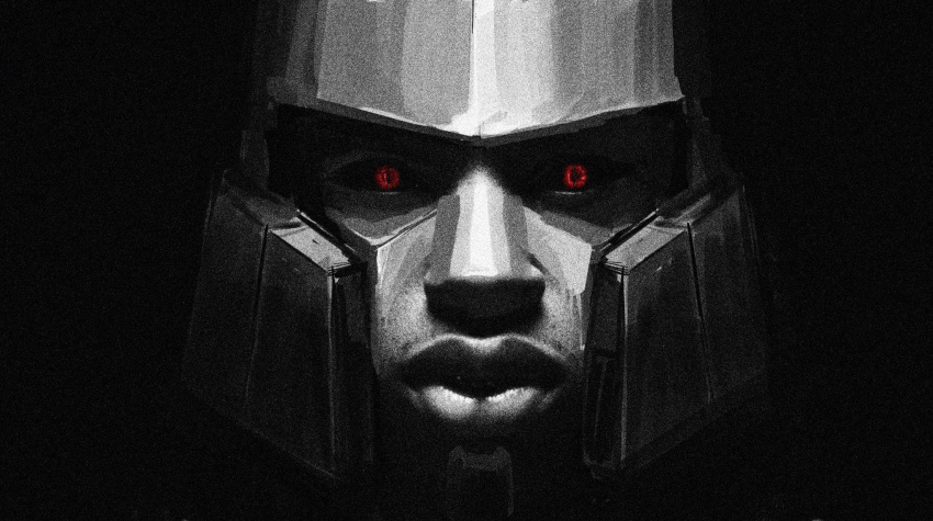 close-up, decepticon, helmet, highres, mecha, mecha_focus, megatron, megatron_(transformers_one), meme, no_humans, nose, primusibi, red_eyes, robot, science_fiction, transformers, transformers_one