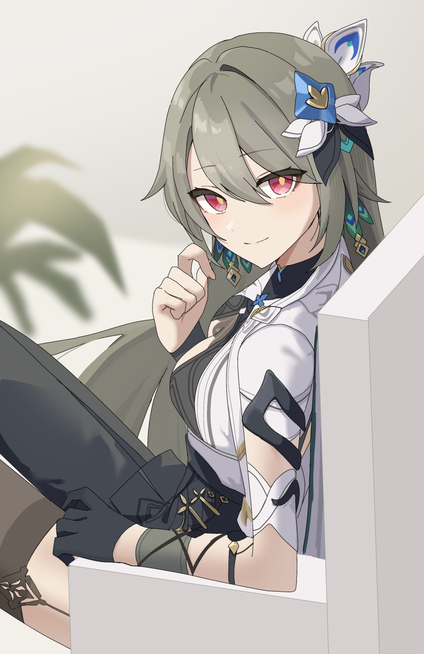 1girl, absurdres, black_gloves, closed_eyes, commentary_request, earrings, feather_earrings, feathers, gloves, grey_hair, h2o_omizu, hair_between_eyes, hair_ornament, hand_up, highres, honkai_(series), honkai_impact_3rd, jewelry, long_hair, looking_at_viewer, on_chair, peacock_feathers, red_eyes, single_glove, sitting, smile, solo, very_long_hair, vita_(honkai_impact), vita_(lone_planetfarer)_(honkai_impact), yellow_pupils