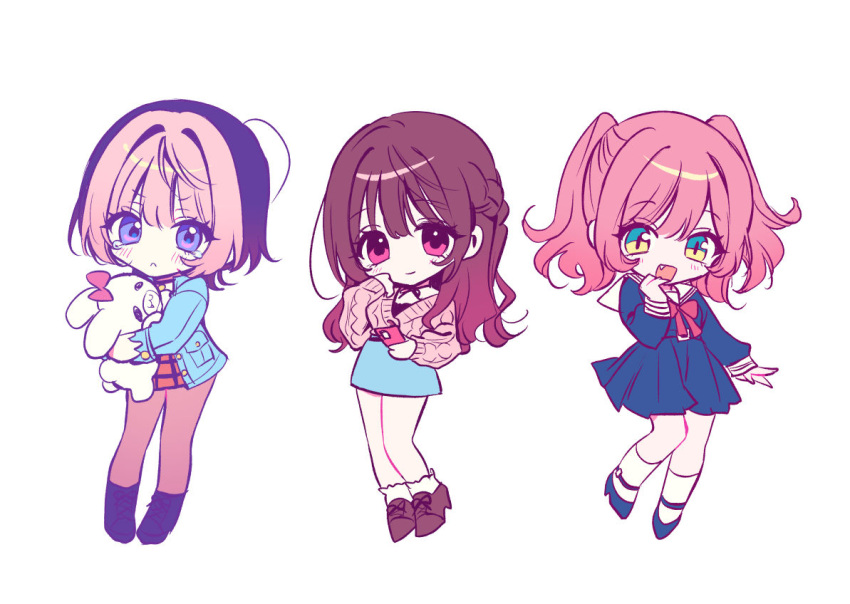 3girls, :c, :d, akiyama_enma, black_hair, blue_footwear, blue_jacket, blue_serafuku, blue_shirt, blue_skirt, blush, bow, bowtie, breasts, brown_footwear, brown_hair, brown_pantyhose, cardigan, cellphone, chibi, chibi_only, closed_mouth, colored_bangs, commentary, creator_connection, fang, frown, full_body, green_eyes, hair_intakes, half_up_braid, holding, holding_phone, hugging_doll, hugging_object, jacket, killing_me!, kimi_ni_koisuru_satsujinki, kujou_miyoko, large_breasts, looking_at_viewer, miniskirt, multicolored_hair, multiple_girls, noa-senpai_wa_tomodachi., open_mouth, pantyhose, phone, pink_bow, pink_bowtie, pink_cardigan, pink_eyes, pink_hair, plaid_clothes, plaid_skirt, pleated_skirt, sailor_collar, saotome_noa, school_uniform, serafuku, shirt, shoes, simple_background, skirt, slit_pupils, smartphone, smile, sneakers, socks, stuffed_animal, stuffed_rabbit, stuffed_toy, tearing_up, two-tone_hair, two_side_up, v-shaped_eyebrows, violet_eyes, white_background, white_sailor_collar, white_socks, yoshizaki_kokoa
