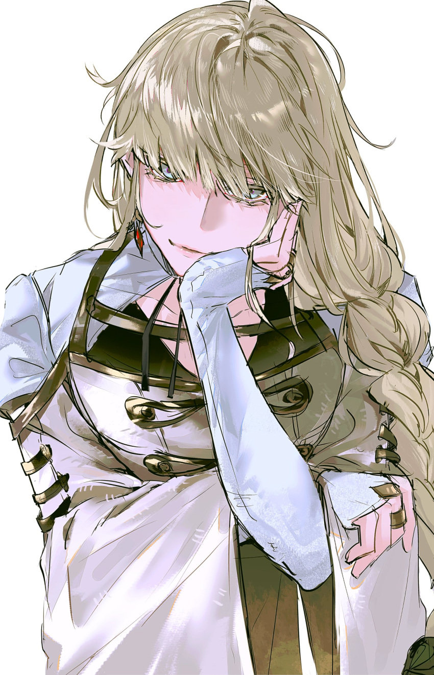 1boy, androgynous, blonde_hair, blue_eyes, blunt_bangs, braid, bridal_gauntlets, closed_mouth