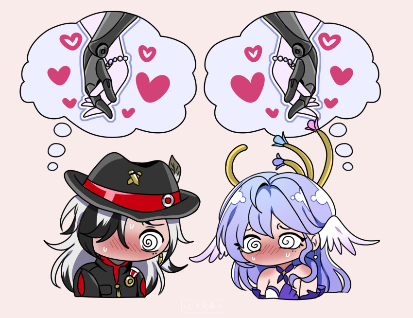 1boy, 1girl, @_@, black_hair, blush, boothill_(honkai:_star_rail), chibi, choker