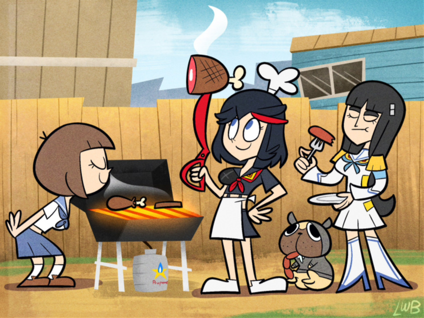 3girls, animal, apron, black_hair, black_shirt, black_skirt, blue_eyes, blue_neckerchief