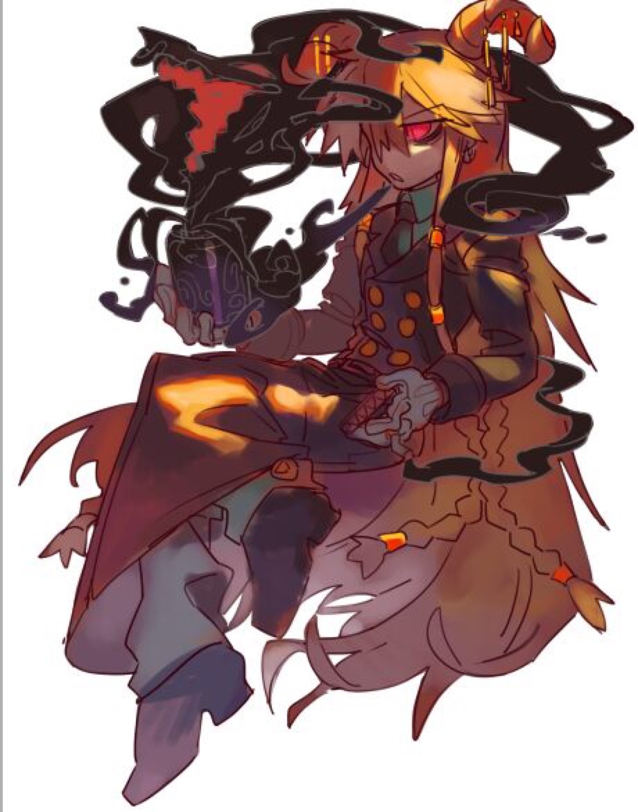 1boy, black_coat, black_footwear, black_necktie, blonde_hair, braid, brown_horns, cigar, cigarette, coat, collared_shirt, colored_smoke, crossed_legs, curled_horns, demon, demon_boy, demon_horns, double-parted_bangs, earrings, formal_clothes, full_body, funamusea, gloves, gold, gold_buttons, gold_earrings, green_pants, green_shirt, hair_between_eyes, hair_ornament, holding, holding_cigar, holding_cigarette, holding_jar, hoop_earrings, horn_ornament, horns, jar, jewelry, knifedragon, kyou_(funamusea), long_hair, long_sidelocks, male_focus, multicolored_horns, multiple_braids, necktie, open_mouth, pants, red_eyes, red_horns, sheep_horns, shirt, sidelocks, simple_background, sitting, smoke, smoke_trail, solo, trench_coat, two-tone_horns, very_long_hair, white_background, white_gloves