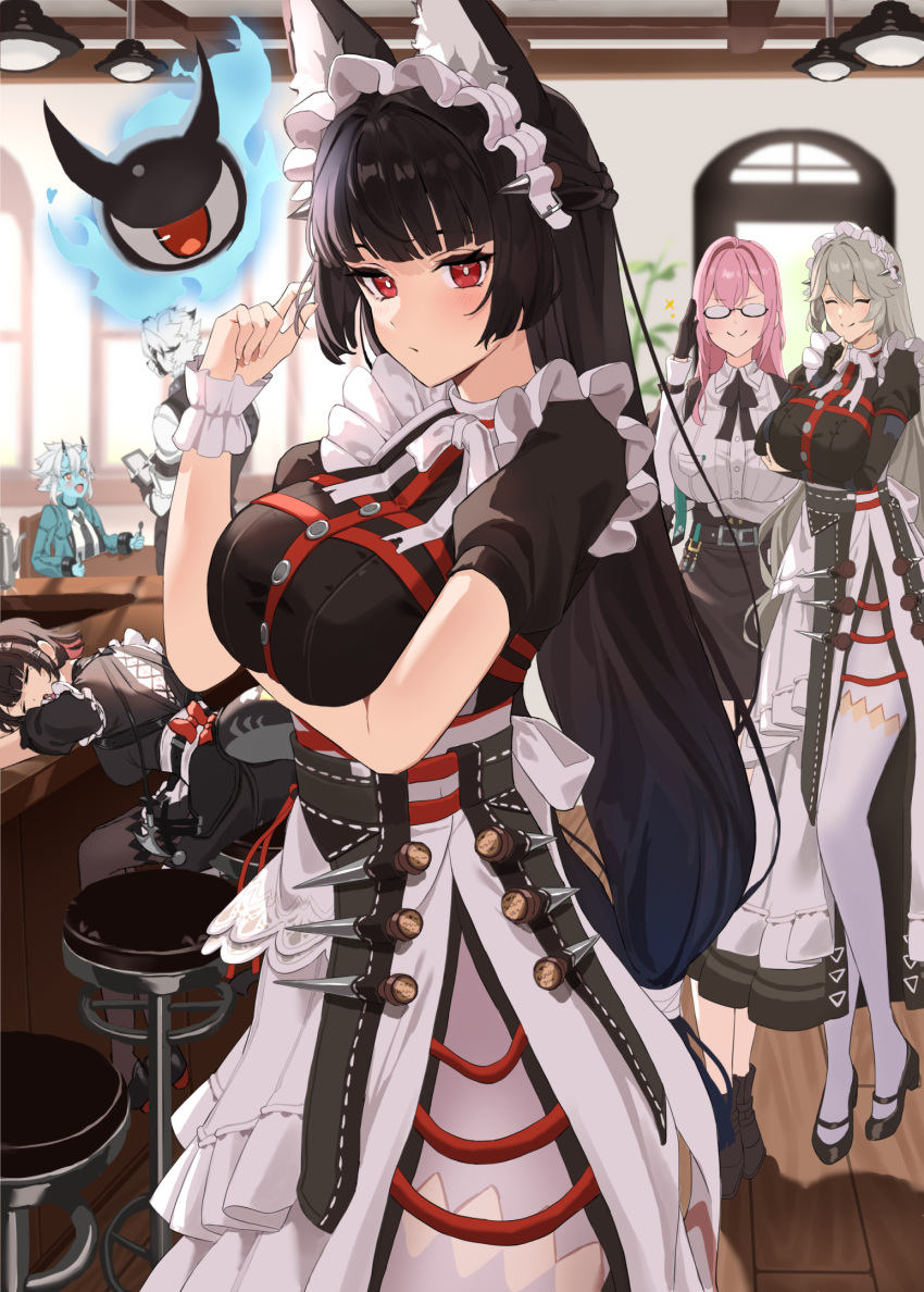 1boy, 5girls, alexandrina_sebastiane, alternate_costume, animal_ear_fluff, black_gloves, black_hair, blue_skin, blunt_bangs, blush, brown_hair, closed_eyes, closed_mouth, colored_inner_hair, colored_skin, cowboy_shot, dress_shirt, ellen_joe, fingernails, fox_girl, full_body, glasses, gloves, hair_between_eyes, high-waist_skirt, highres, hoshimi_miyabi, indoors, long_hair, multicolored_hair, multiple_girls, oni, outdoors, pencil_skirt, pink_hair, red_eyes, redhead, shadow, shark_girl, shirt, short_sleeves, sidelocks, skirt, sleeping, smile, soukaku_(zenless_zone_zero), table, tailless_(zenless_zone_zero), tsukishiro_yanagi, uuroncha, von_lycaon, white_hair, white_shirt, zenless_zone_zero