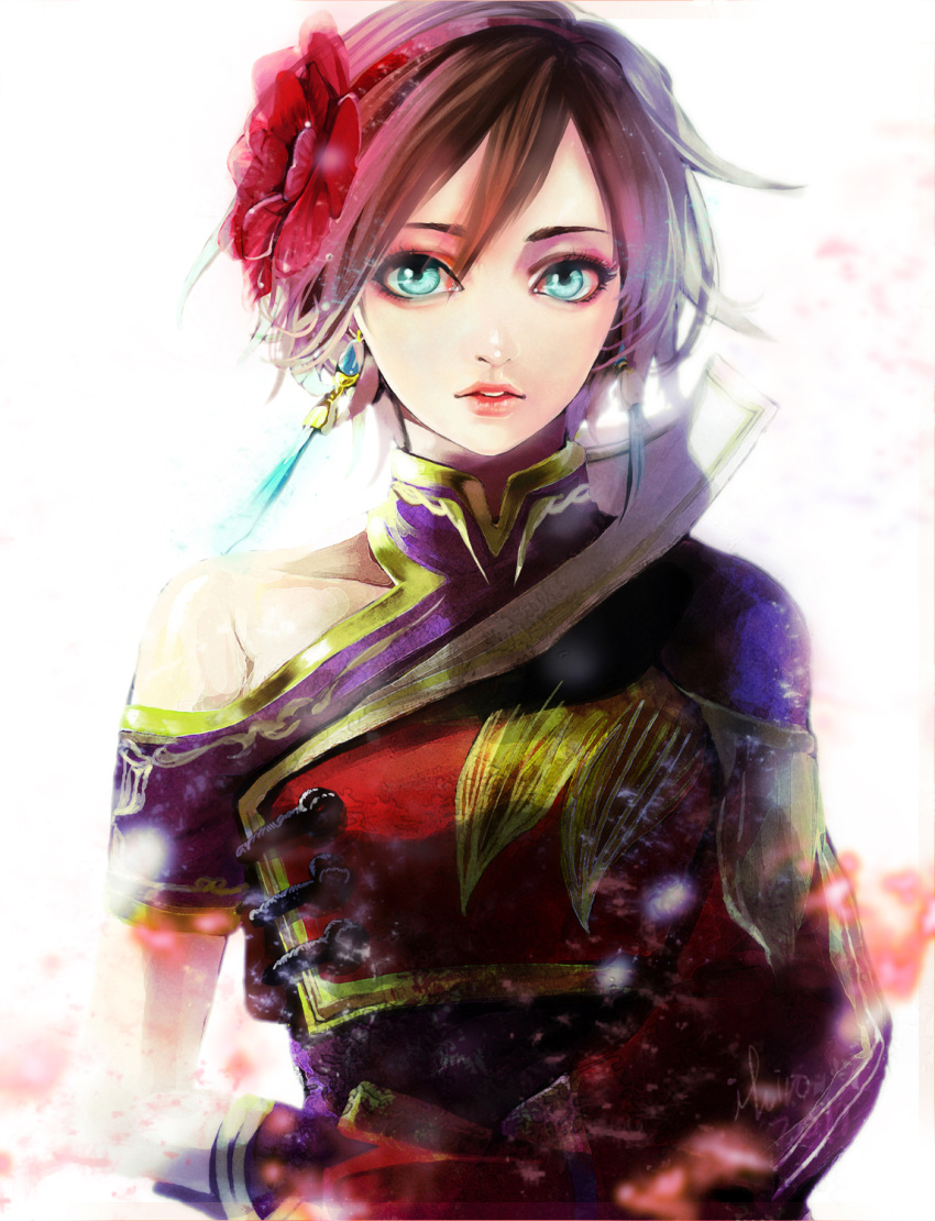 brown_hair, character_request, dynasty_warriors, earrings, flower, hair_flower, hair_ornament, highres