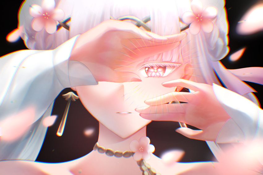 1girl, chromatic_aberration, commentary_request, earrings, fingernails, flower, flower-shaped_pupils, hair_flower