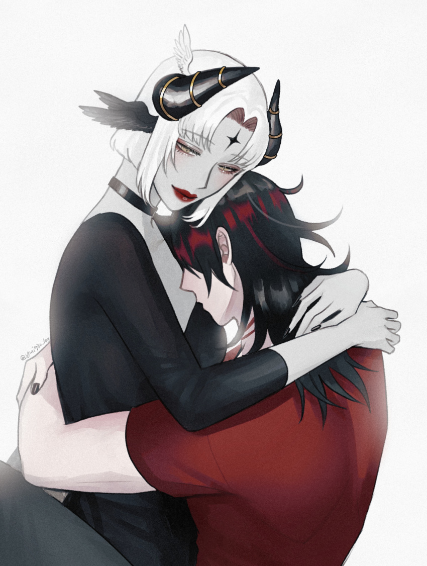 1boy, 1girl, black_choker, black_dress, black_hair, black_horns, black_wings, choker, colored_skin, commentary, dress, english_commentary, eyeball_(yui930), eyeshadow, facial_mark, forehead_mark, grey_skin, head_wings, highres, horns, hug, makeup, medium_hair, multicolored_hair, nijisanji, nijisanji_en, original, red_eyeshadow, red_lips, red_shirt, redhead, shirt, streaked_hair, striped_horns, t-shirt, twitter_username, two-tone_hair, virtual_youtuber, vox_akuma, wings, yellow_eyes, yui930