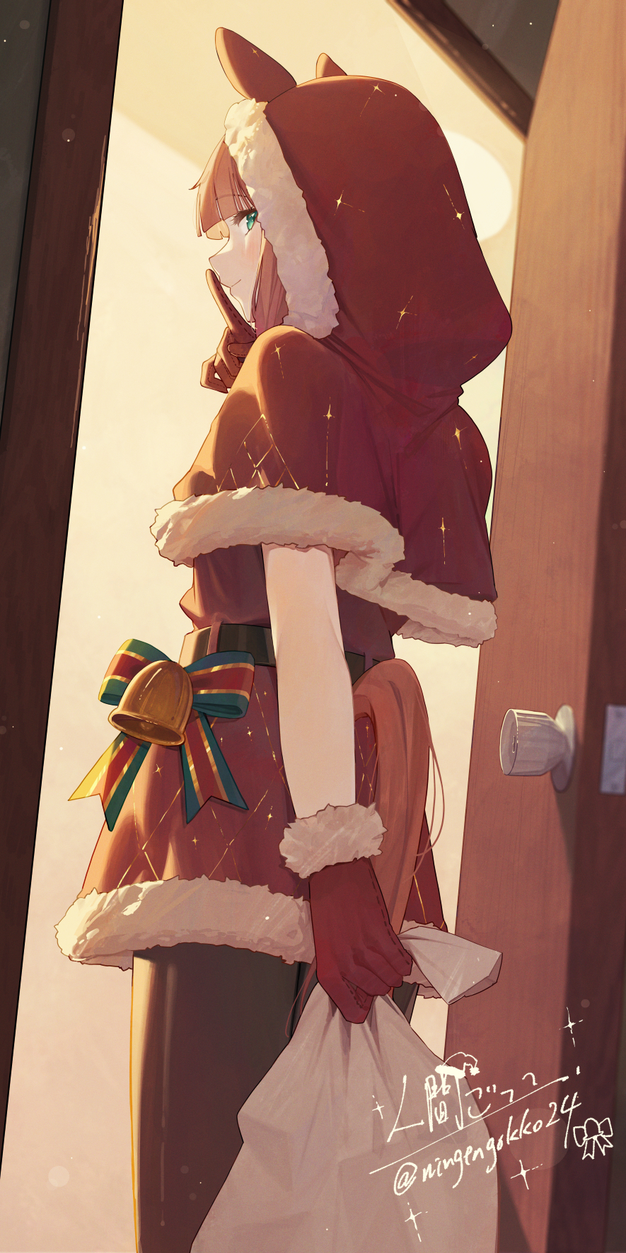 1girl, animal_ears, bell, brown_pantyhose, capelet, christmas, commentary_request, door, finger_to_mouth, from_behind, gloves, green_eyes, highres, horse_ears, horse_girl, horse_tail, index_finger_raised, looking_at_viewer, ningen_gokko, orange_hair, pantyhose, red_capelet, red_gloves, red_hood, santa_hood, shushing, signature, silence_suzuka_(umamusume), standing, tail, twitter_username, umamusume