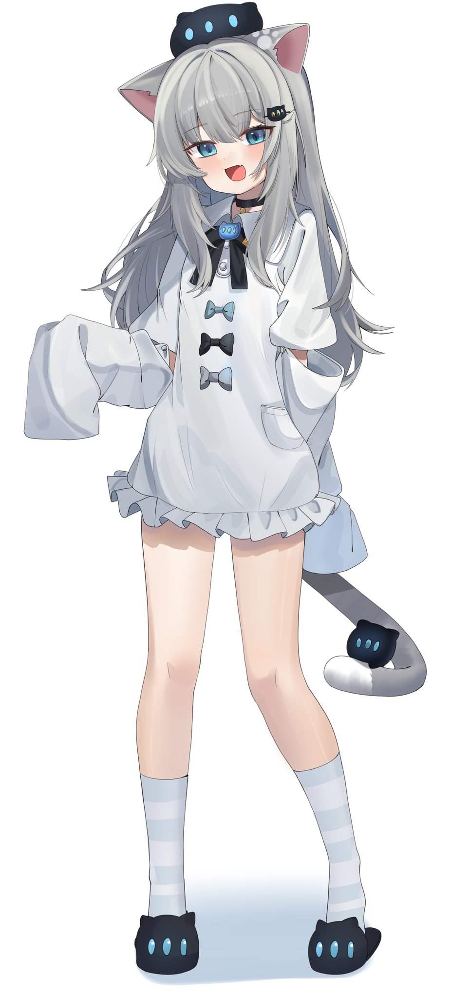 1girl, animal_ears, arm_cutout, black_choker, blue_eyes, blush, bow, bowtie