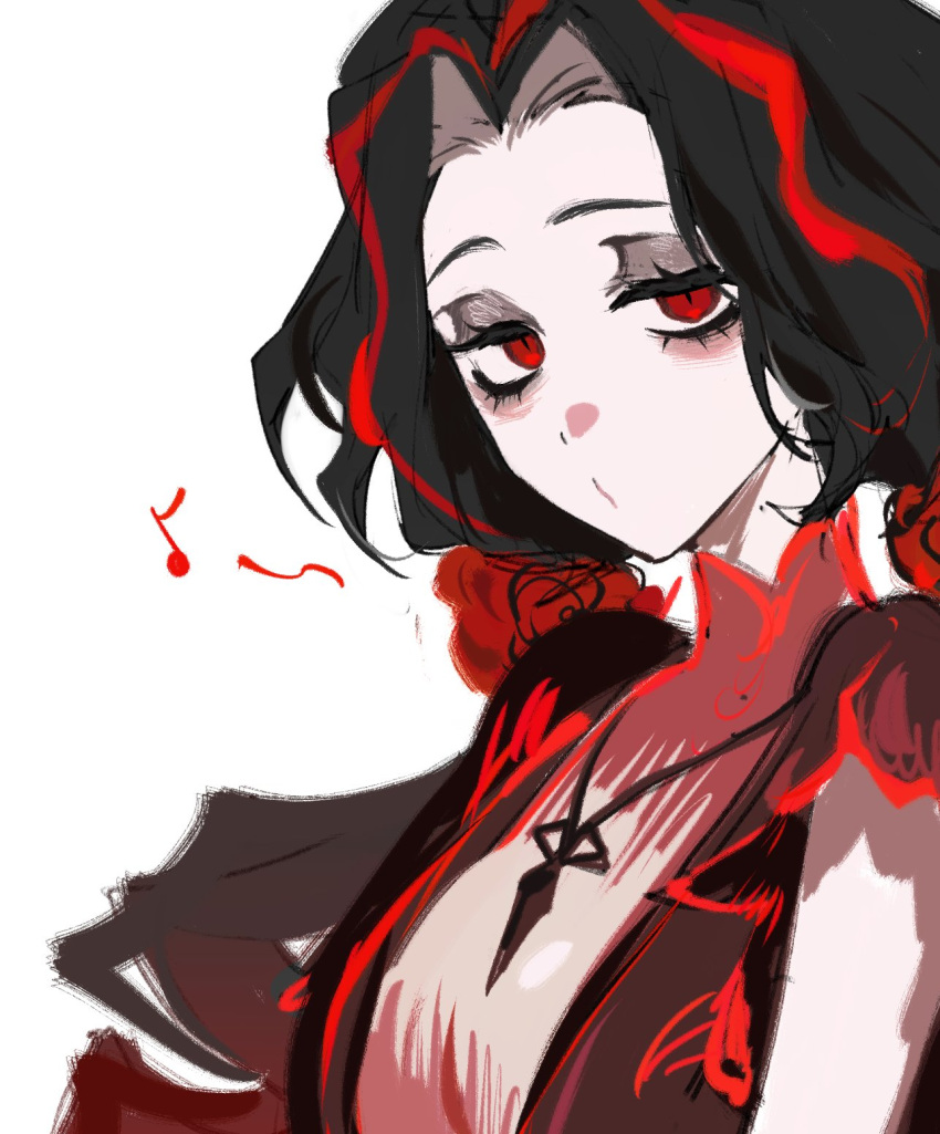 1girl, black_hair, drill_hair, fuku0275, highres, jewelry, limbus_company, long_hair, looking_at_viewer, low_twintails, multicolored_hair, necklace, nicolina_(project_moon), parted_bangs, project_moon, red_eyes, redhead, simple_background, solo, streaked_hair, twin_drills, twintails, upper_body, very_long_hair, white_background