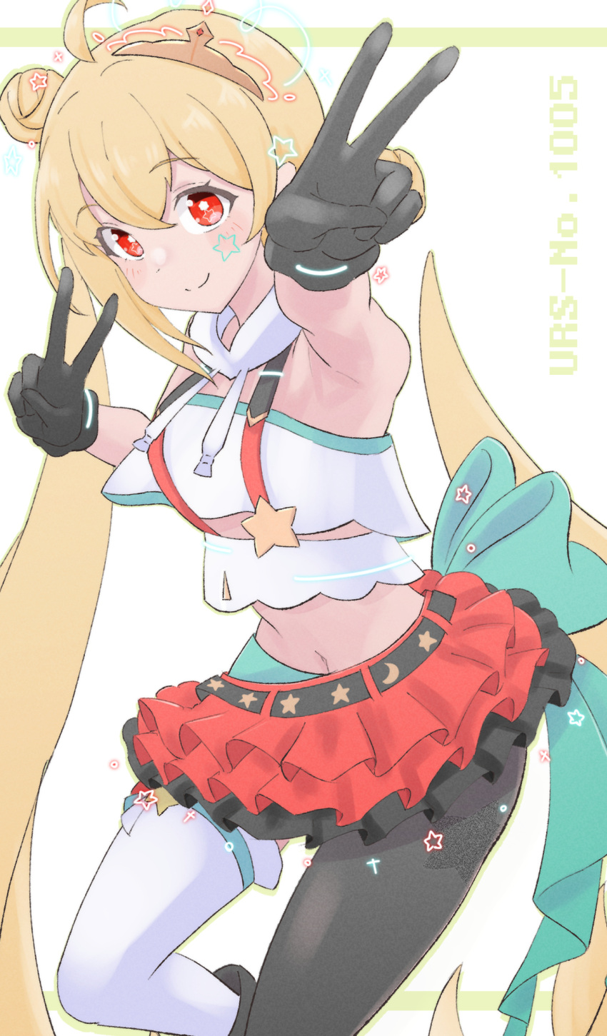 1girl, ahoge, asymmetrical_legwear, black_gloves, blonde_hair, character_name, closed_mouth, crop_top, double_v, frilled_skirt, frills, gloves, hair_bun, highres, looking_at_viewer, mismatched_legwear, navel, red_eyes, reitowikan, reject_(esports), skirt, solo, star_(symbol), tooko_(vtuber), v, virtual_youtuber