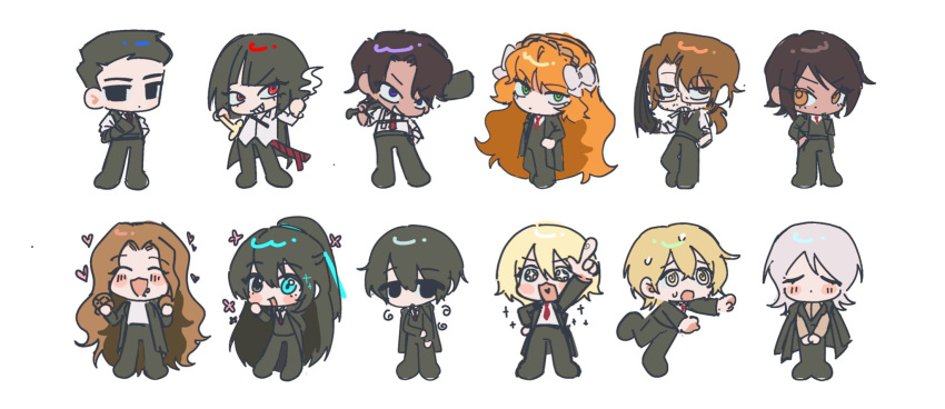 6+boys, 6+girls, @_@, arm_up, black_coat, black_eyes, black_hair, black_pants, black_vest, blonde_hair, blush, bob_cut, brown_hair, brown_sweater, coat, coat_on_shoulders, don_quixote_(project_moon), faust_(project_moon), gregor_(project_moon), grin, heathcliff_(project_moon), highres, hong_lu_(project_moon), index_finger_raised, ishmael_(project_moon), limbus_company, long_hair, long_sleeves, looking_at_viewer, meursault_(project_moon), multiple_boys, multiple_girls, outis_(project_moon), pants, parted_bangs, project_moon, red_eyes, rodion_(project_moon), ryoshu_(project_moon), short_hair, sidelocks, simple_background, sinclair_(project_moon), smile, soda0606, sweat, sweater, very_long_hair, vest, violet_eyes, white_background, yellow_eyes, yi_sang_(project_moon)