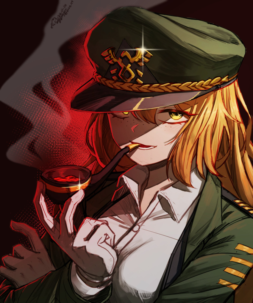 1girl, 99dulgi, absurdres, collared_shirt, gloves, green_eyes, green_hat, hands_up