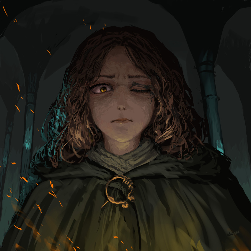 1girl, absurdres, alavyx, brown_hair, clasp, cloak, elden_ring, fire, frown, highres, looking_at_viewer, medium_hair, melina_(elden_ring), one_eye_closed, solo, yellow_eyes