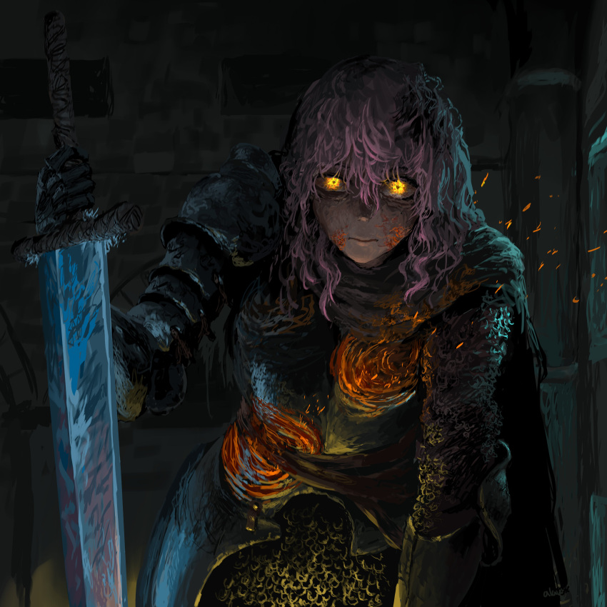 1girl, absurdres, alavyx, armor, burn_scar, burnt_clothes, burnt_hair, chainmail