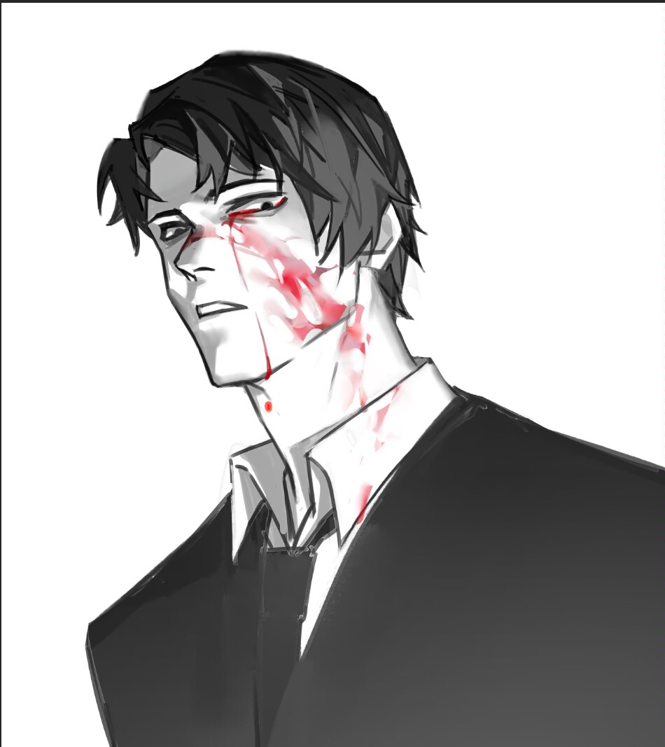 1boy, blood, blood_on_face, collared_shirt, greyscale, jacket, jing84672940, library_of_ruina