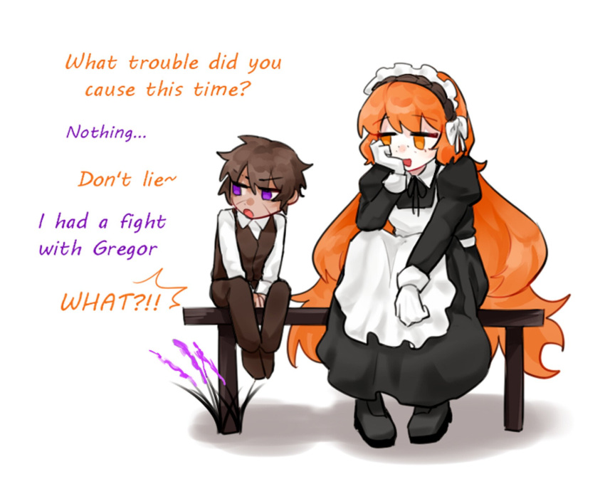 1boy, 1girl, aged_down, apron, black_dress, black_footwear, brown_hair, brown_vest, collared_shirt, dress, english_text, gloves, goawat, hand_up, heathcliff_(project_moon), highres, ishmael_(project_moon), limbus_company, long_hair, maid, maid_apron, maid_headdress, neck_ribbon, open_mouth, orange_eyes, orange_hair, project_moon, ribbon, shirt, shoes, sidelocks, smile, very_long_hair, vest, white_apron, white_gloves, white_shirt, wuthering_heights_(identity)_(project_moon)