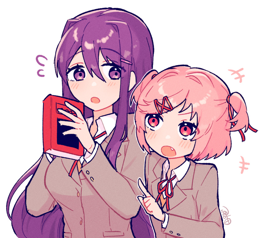 2girls, ayuda_ayutaro, blazer, blush, book, collared_shirt, commentary_request, doki_doki_literature_club, fang, grey_jacket, hair_intakes, hair_ornament, hair_ribbon, highres, holding, holding_book, jacket, long_hair, multiple_girls, natsuki_(doki_doki_literature_club), neck_ribbon, open_mouth, outline, pink_eyes, pink_hair, purple_hair, red_ribbon, ribbon, school_uniform, shirt, short_hair, short_twintails, signature, simple_background, twintails, upper_body, violet_eyes, white_background, white_outline, white_shirt, yuri_(doki_doki_literature_club)