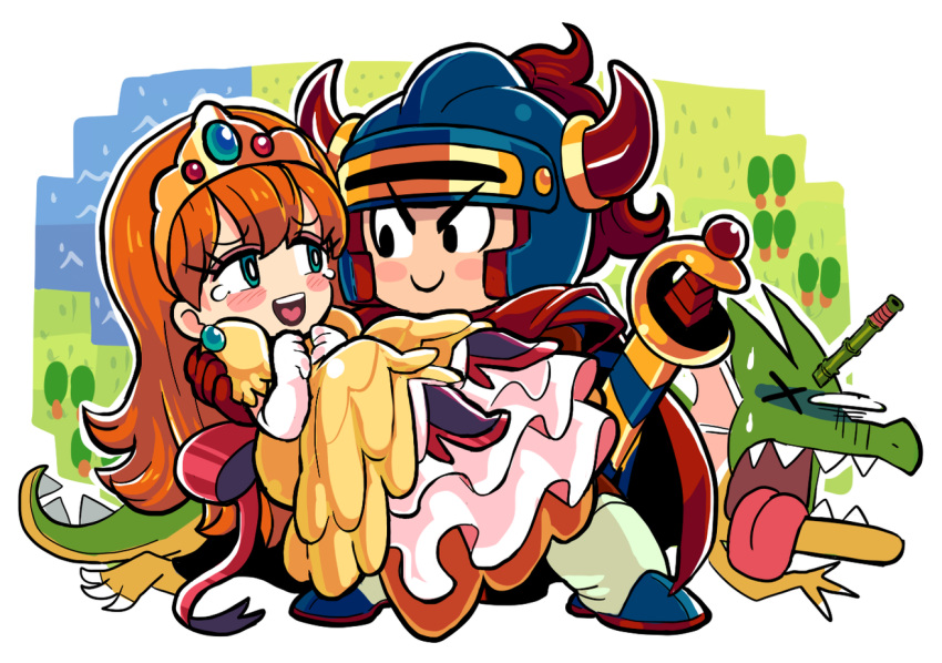 1boy, 1girl, armor, bamboo, black_eyes, blue_armor, blue_eyes, blue_gemstone, blue_helmet, blush_stickers, bright_pupils, cape, carrying, chibi, chibi_only, dragon, dragon_quest, dragon_quest_i, dress, earrings, elbow_gloves, fake_horns, furrowed_brow, gashi-gashi, gem, gloves, gold_tiara, green_dragon_(dragon_quest), hands_up, happy_tears, heart, heart_in_mouth, helmet, hero_(dq1), high_heels, horned_helmet, horns, impaled, jewelry, long_hair, one_eye_closed, open_mouth, orange_hair, own_hands_together, princess, princess_carry, princess_laura, puffy_short_sleeves, puffy_sleeves, red_cape, red_gemstone, red_gloves, sharp_teeth, short_sleeves, smile, sphere_earrings, stiletto_heels, tearing_up, tears, teeth, tiara, tongue, tongue_out, upper_teeth_only, v-shaped_eyebrows, white_gloves, white_pupils, x_x, yellow_dress