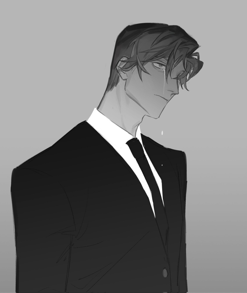 1boy, closed_mouth, collared_shirt, crying, greyscale, highres, jacket, jing84672940