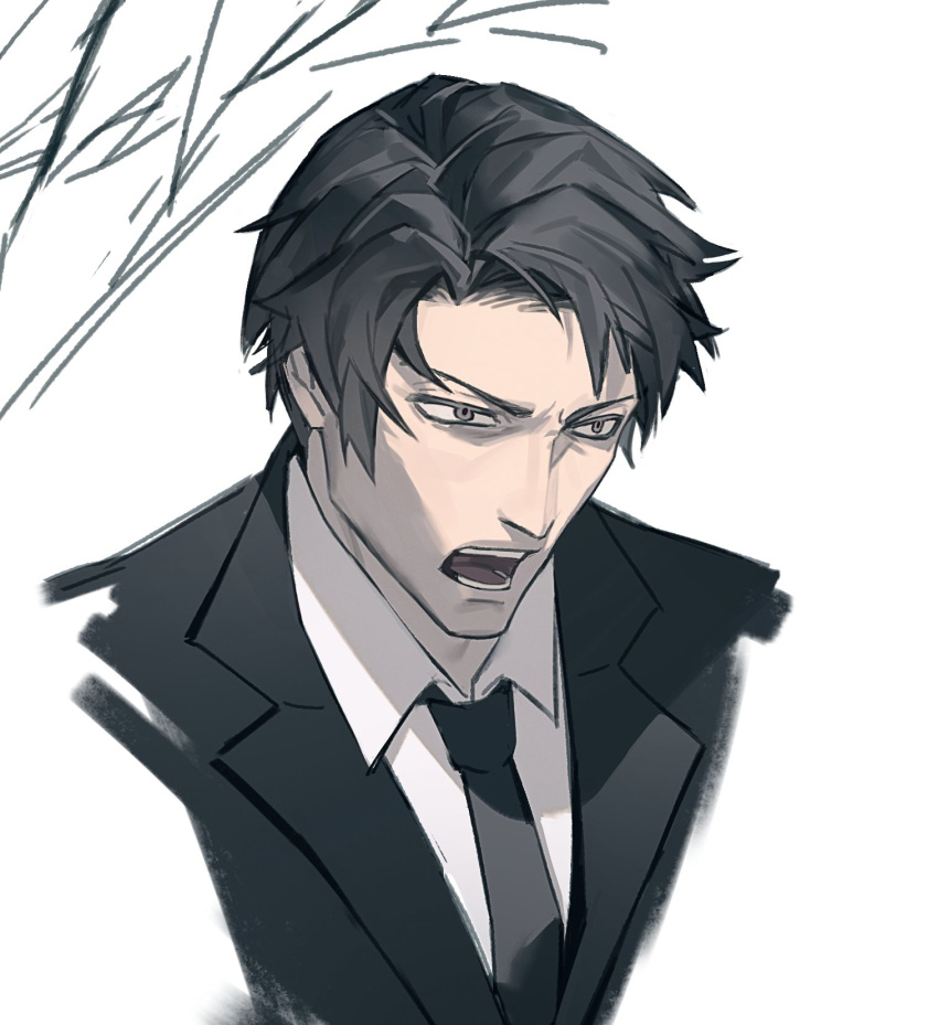 1boy, angry, black_eyes, black_hair, black_jacket, black_necktie, collared_shirt, highres, jacket, jing84672940, lapels, library_of_ruina, male_focus, necktie, notched_lapels, open_mouth, project_moon, roland_(project_moon), screaming, shirt, simple_background, solo, upper_body, v-shaped_eyebrows, white_background, white_shirt