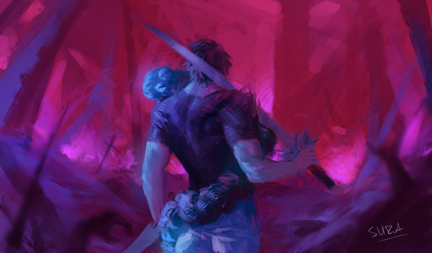 1boy, asymmetrical_dual_wielding, back, back_turned, black_hair, black_shirt, compression_shirt, cowboy_shot, cursed_spirit_(jujutsu_kaisen), dual_wielding, from_behind, fushiguro_touji, highres, holding, inventory_curse_(jujutsu_kaisen), jujutsu_kaisen, male_focus, muscular, muscular_male, over_shoulder, pants, purple_background, shirt, short_hair, short_sleeves, solo, split_soul_katana_(jujutsu_kaisen), suracii, tight_clothes, tight_shirt, weapon, weapon_over_shoulder, white_pants