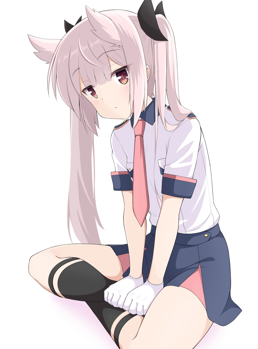 1girl, black_socks, blue_skirt, blunt_bangs, closed_mouth, collared_shirt, commentary_request, gloves