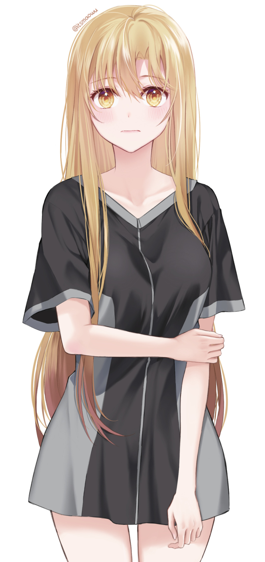 1girl, absurdres, alternate_costume, artist_name, asuna_(sao), black_shirt, blush, breasts