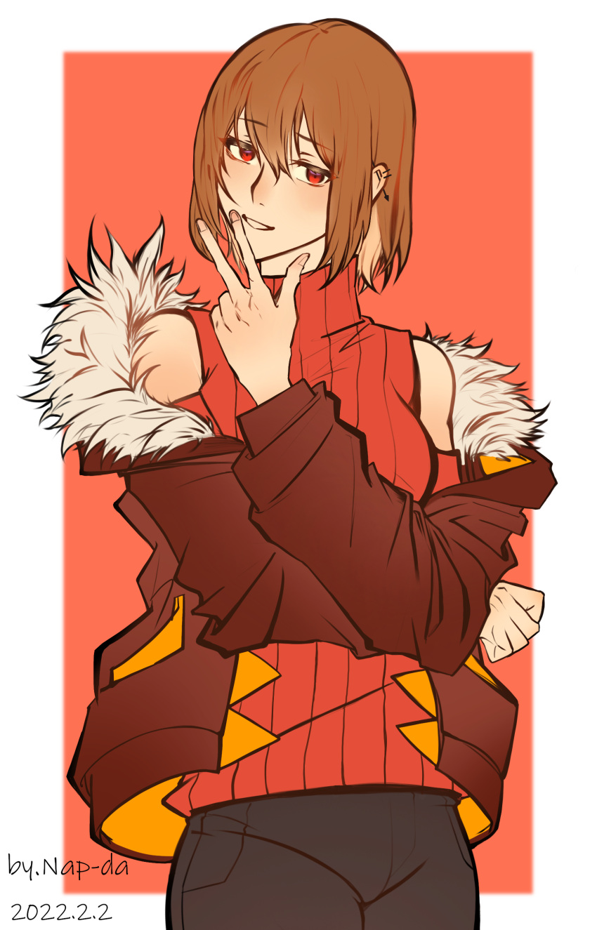 1girl, absurdres, alternate_universe, artist_name, black_pants, blurry, blurry_background, border