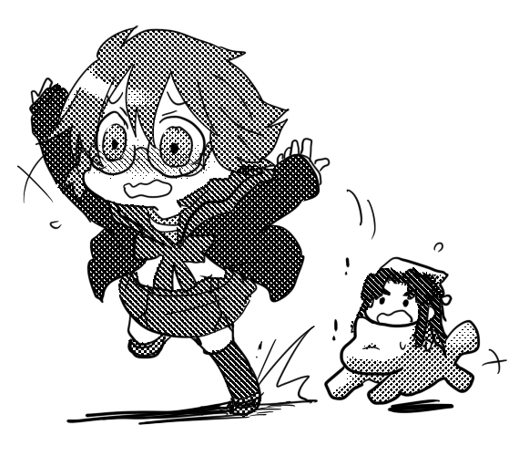 asakura_ryouko, chibi, falling, glasses, kimidori-san, monochrome, nagato123, nagato_yuki, nagato_yuki_(shoushitsu), suzumiya_haruhi-chan_no_yuuutsu, suzumiya_haruhi_no_shoushitsu, suzumiya_haruhi_no_yuuutsu, tears