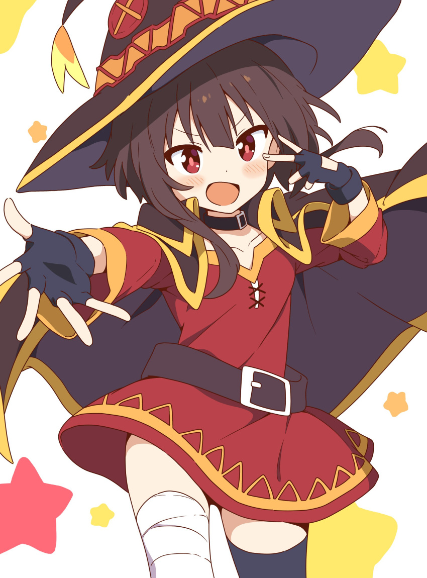 1girl, absurdres, bandaged_leg, bandages, belt, black_choker, black_gloves, black_hat, black_thighhighs, blush, brown_belt, brown_hair, choker, collarbone, commentary, cowboy_shot, dot_nose, dress, fingerless_gloves, gloves, hand_up, hat, highres, kono_subarashii_sekai_ni_shukufuku_wo!, looking_at_viewer, megumin, off-shoulder_dress, off_shoulder, open_mouth, outstretched_arm, red_dress, red_eyes, short_dress, short_hair, sidelocks, single_thighhigh, solo, star_(symbol), thigh-highs, v-shaped_eyebrows, witch_hat, zungurimukkuri_tarou