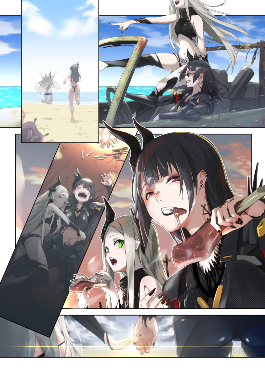 2girls, armor, ass, behemoth_(nikke), black_armor, black_bodysuit, black_hair, black_horns