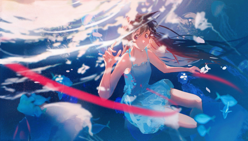 1girl, absurdres, air_bubble, blue_dress, blue_theme, brown_hair, bubble, dress, fish, floating_clothes, floating_hair, highres, jellyfish, long_hair, looking_to_the_side, meitantei_conan, mixed-language_commentary, mouri_ran, nilring, solo, spaghetti_strap, underwater, violet_eyes, water